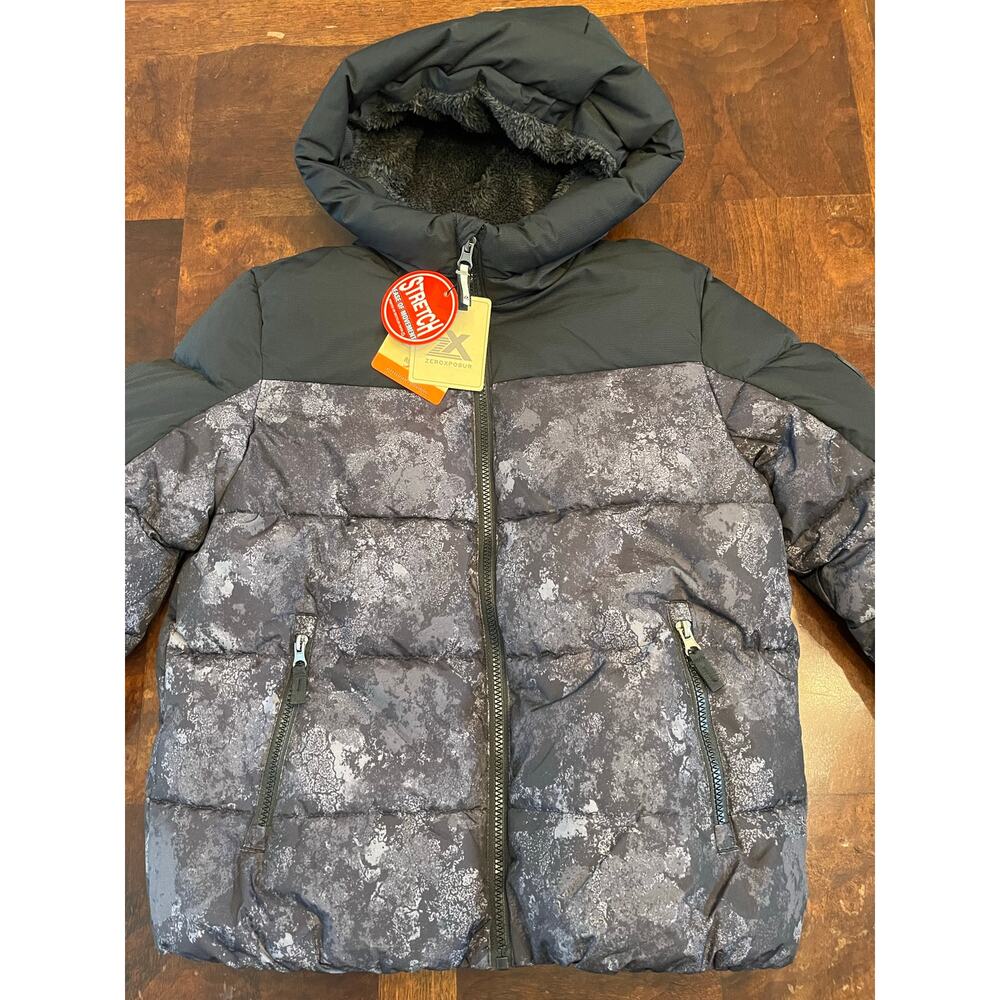 NWT ZeroXposur Kids Puffer Jacket Size 10/12 Black Camo Print Hooded $80 Orig
